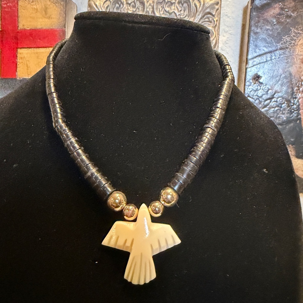 Vintage Native American Heishi Choker Necklace w/ Carved Bone Eagle Silver Beads